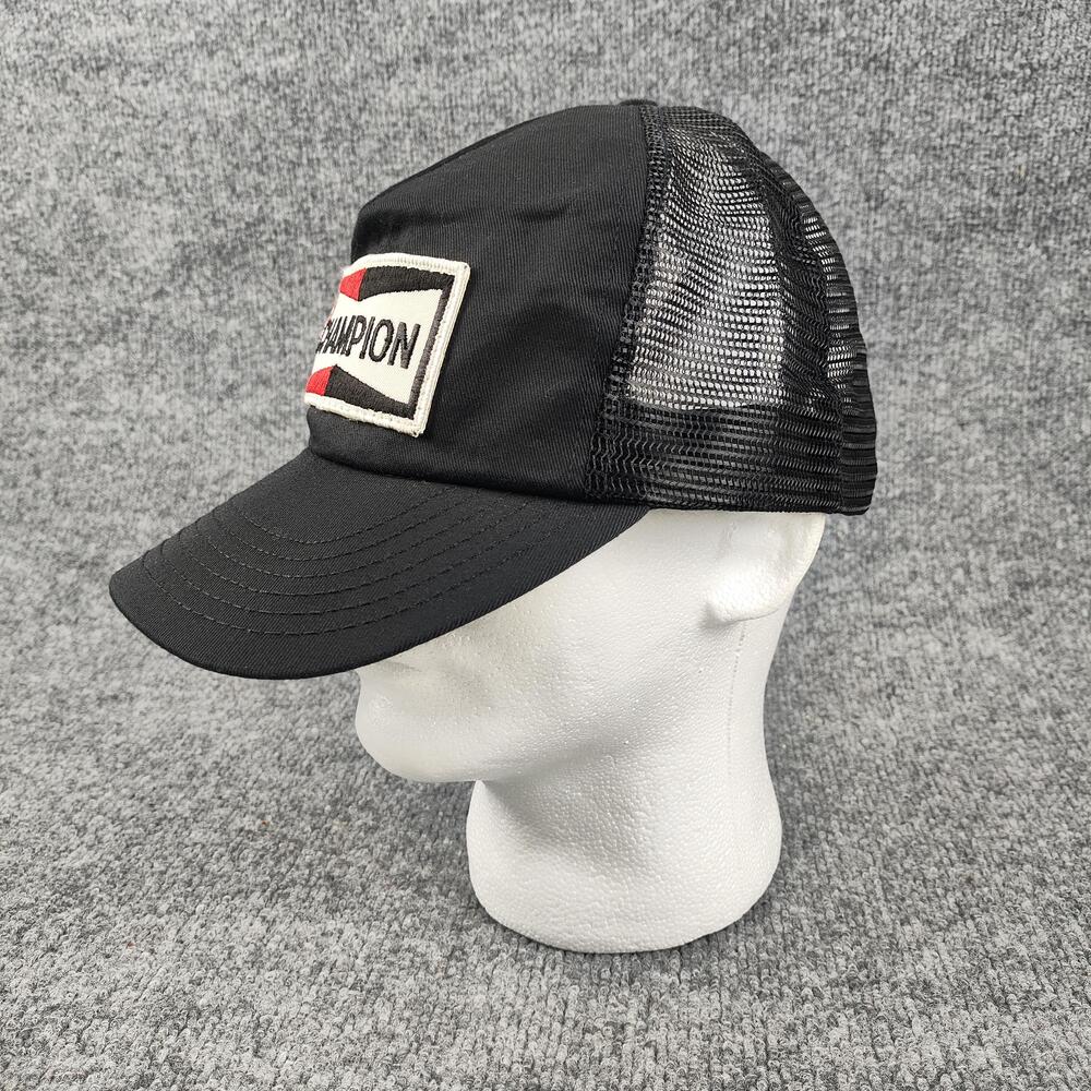 Vintage Champion Hat Cap Snap Back Black Patch Mesh Trucker One Size Mens 90s